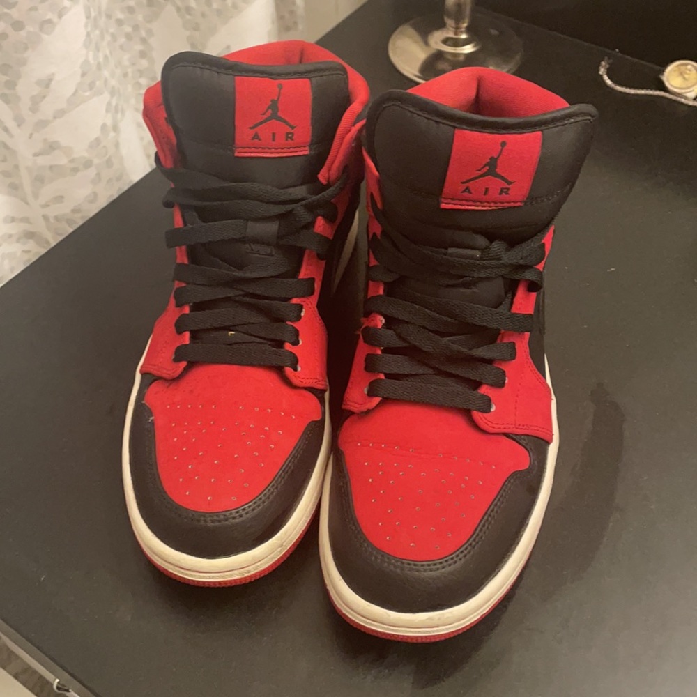 Air Jordon 1 Mid Black/Black-Gym Red 8Men